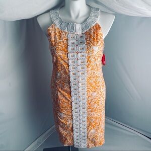 Lilly Pulitzer Jubilee Angie Harmon collab orange and white print beaded dress